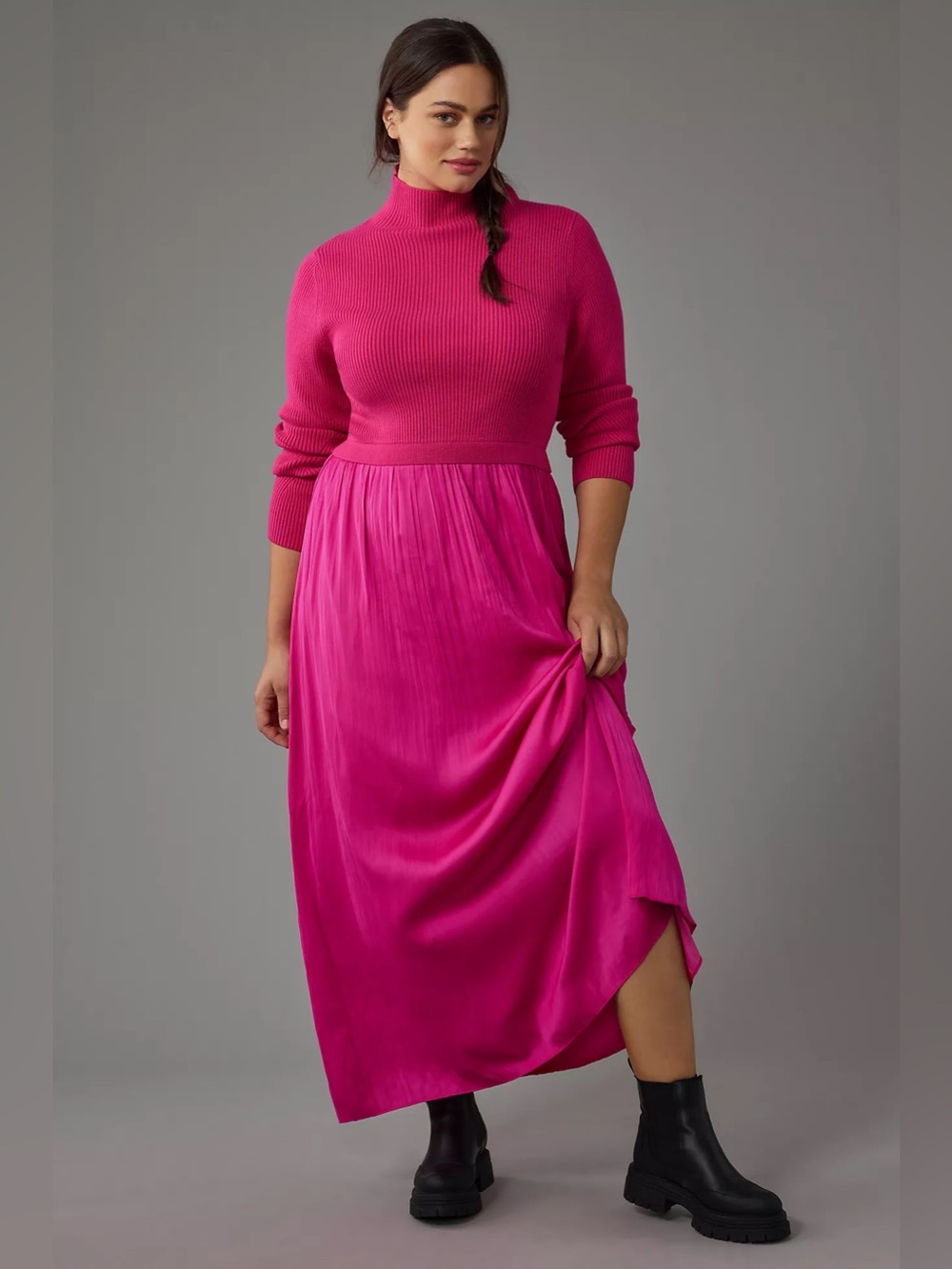 Anthropologie High-Neck Mockable Maxi Dress  Fuchsia  Knit dress & Pleated Skirt